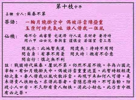 黄大仙灵签 第十签：中平签 苏秦不笫